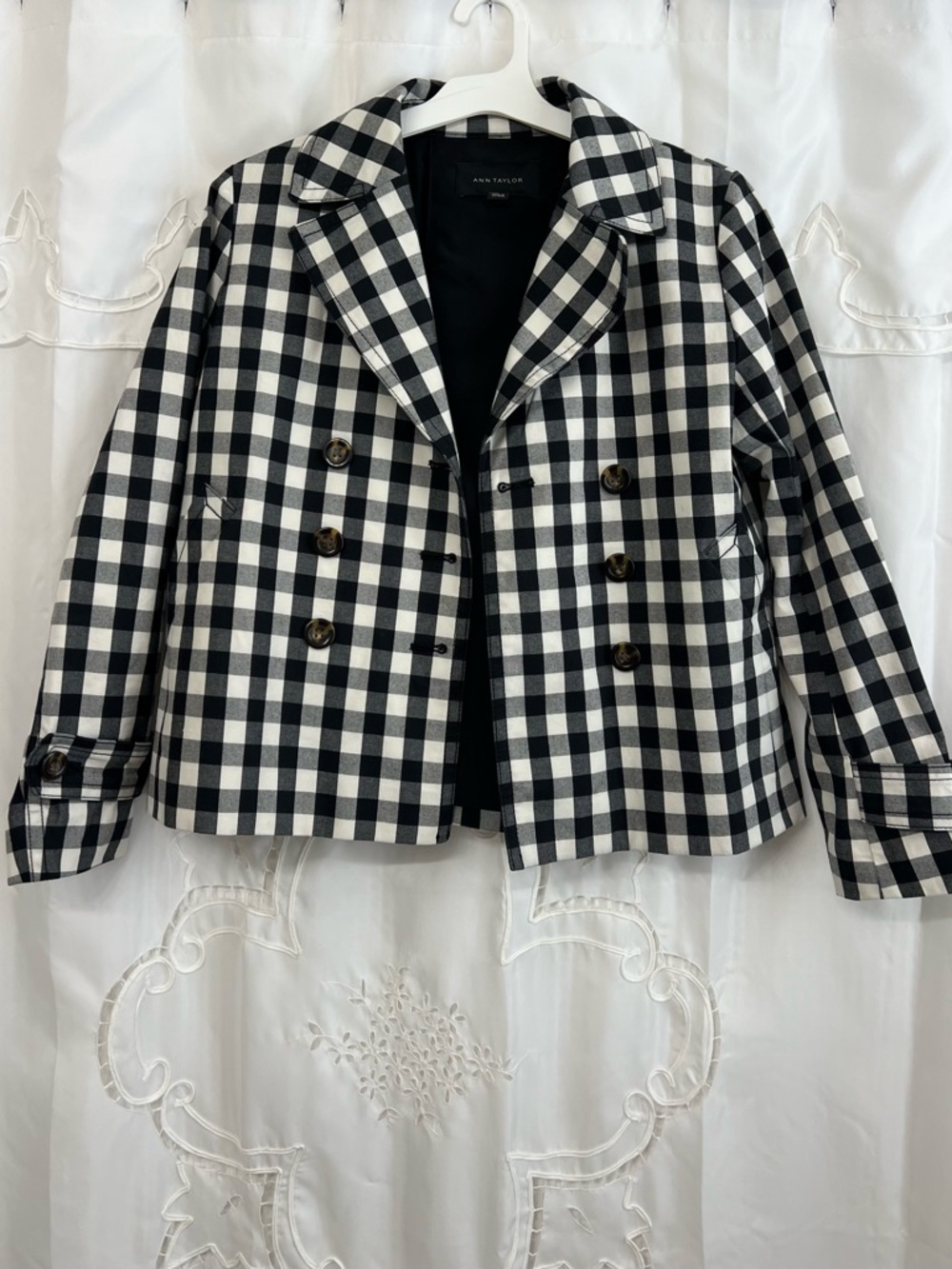 Ann Taylor Buffalo Check Double Breasted Jacket Black White Gingham XS